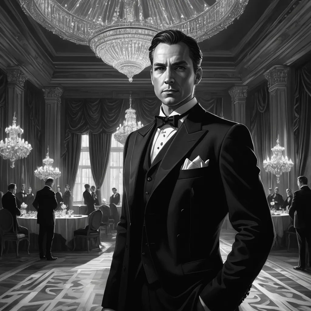 a man in a tuxedo standing in a room with chandeliers and tables in the background, classical realism, an ultrafine detailed painting, Alejandro Burdisio, matte drawing