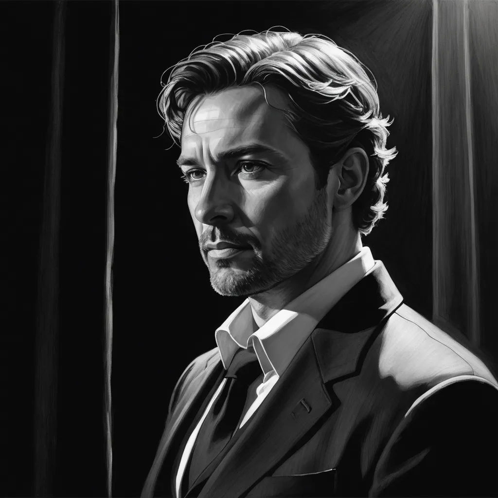 a black and white drawing of a man in a suit and tie looking to his left with a serious look on his face, figurative art, an ultrafine detailed painting, Derek Hill, highly detailed digital painting