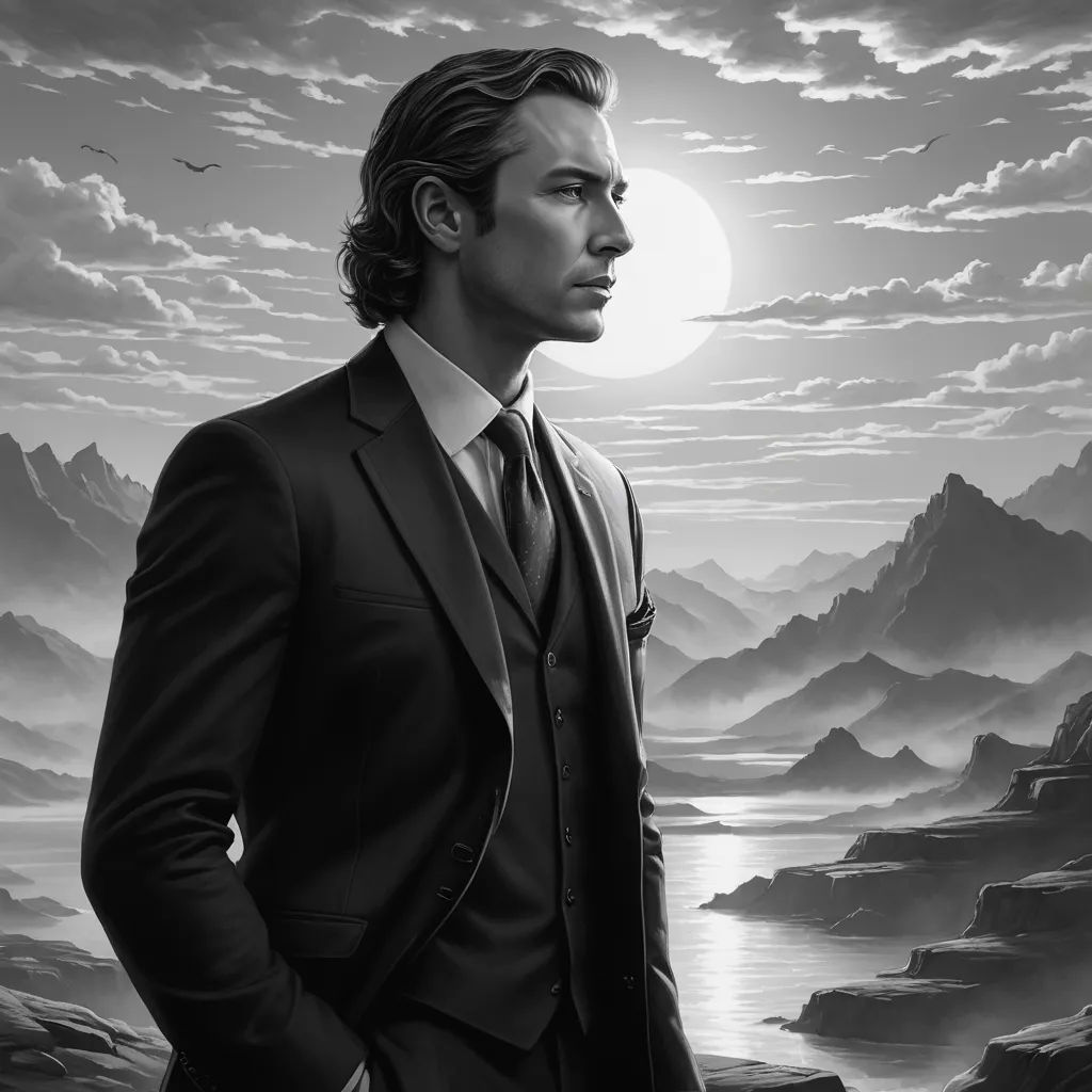 a man in a suit standing in front of a mountain landscape with a full moon in the sky above him, figurative art, an ultrafine detailed painting, Dan Mumford, highly detailed digital painting