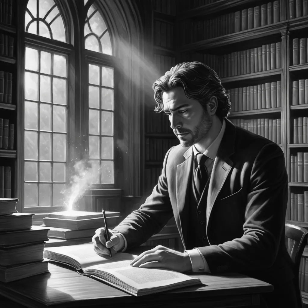 a man sitting at a desk in front of a book shelf filled with books and writing on a notebook, fantasy art, an ultrafine detailed painting, Bastien L. Deharme, stanley artgerm lau