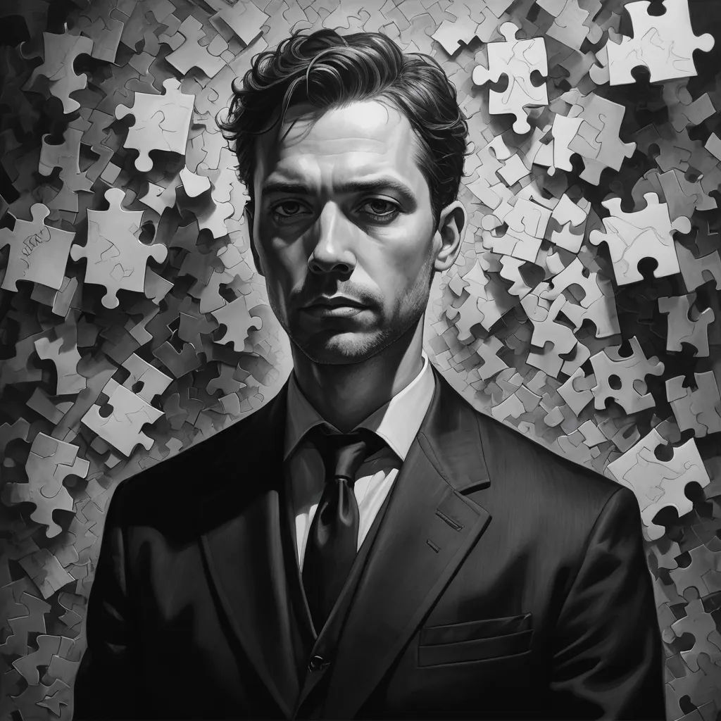 a man in a suit and tie is surrounded by puzzle pieces in black and white colors, with a black and white background, serial art, a character portrait, Aaron Jasinski, highly detailed digital painting
