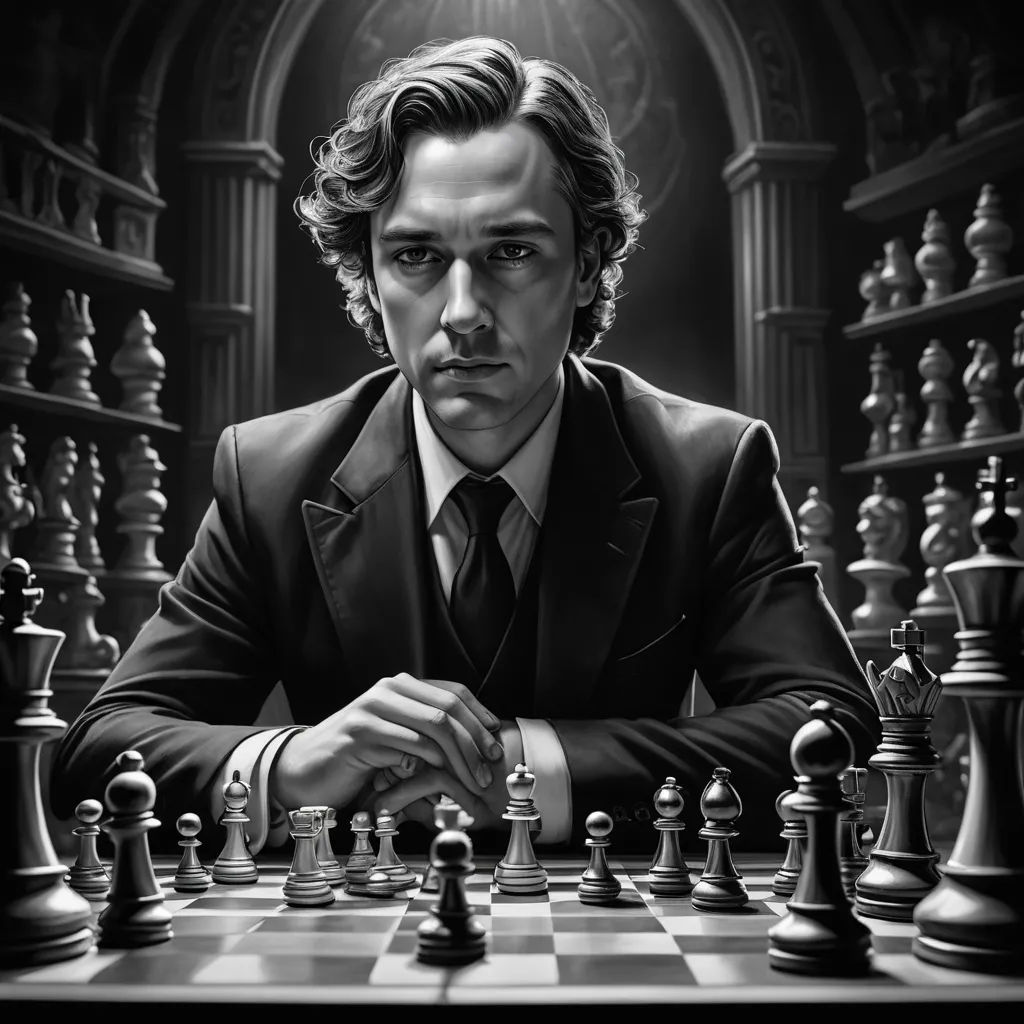 a man in a suit playing chess in a dark room with chess pieces on the floor and a light shining on the wall, analytical art, an ultrafine detailed painting, Dirk Crabeth, key art