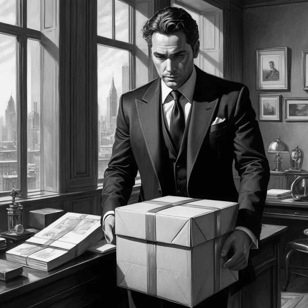 a man in a suit holding a box in front of a window with a cityscape in the background, modern european ink painting, an ultrafine detailed painting, David Palumbo, highly detailed digital painting