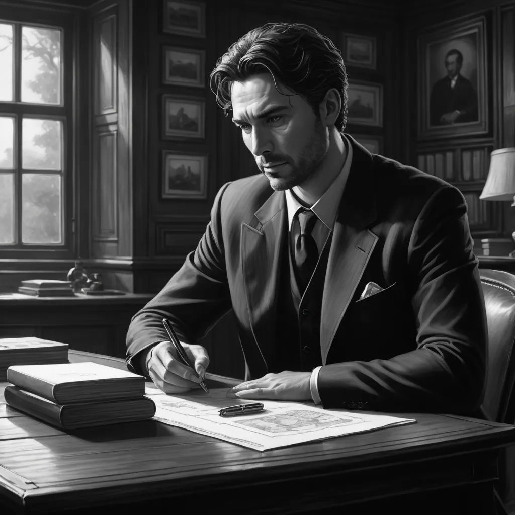 a man in a suit sitting at a desk with a book and pen in his hand and a book on the desk, modern european ink painting, an ultrafine detailed painting, Alejandro Burdisio, game art