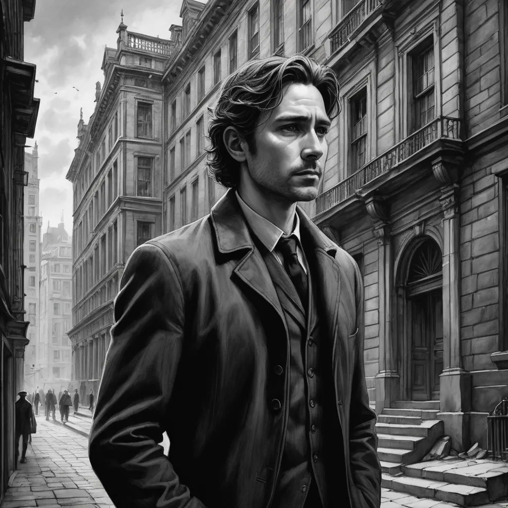 a man in a suit standing in front of a building on a city street with a clock tower in the background, modern european ink painting, an ultrafine detailed painting, David Palumbo, official art