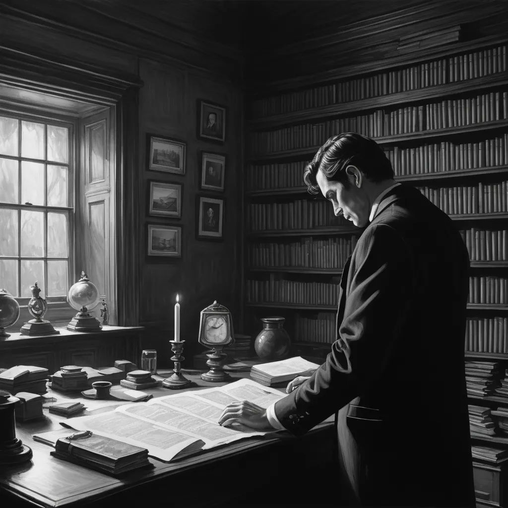 a man is looking at a book on a desk in a library with a candle and bookshelves, new objectivity, an ultrafine detailed painting, Carel Willink, matte drawing