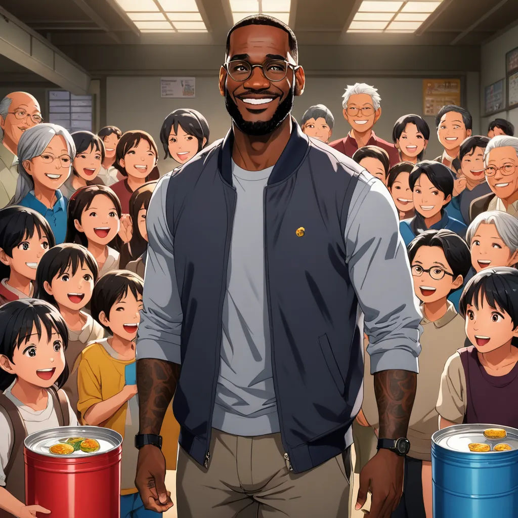 a man standing in front of a group of people with a bucket of food in front of him and a smiling man in the middle, socialist realism, a painting, Akira Toriyama, official art