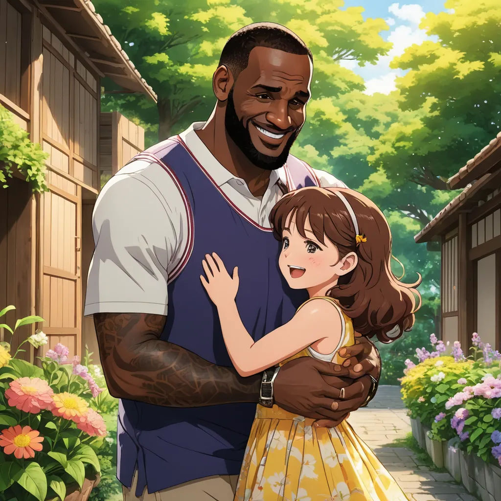 a cartoon of a man and a girl hugging in a garden with flowers and trees in the background,, rayonism, a stock photo, Adam Manyoki, official art