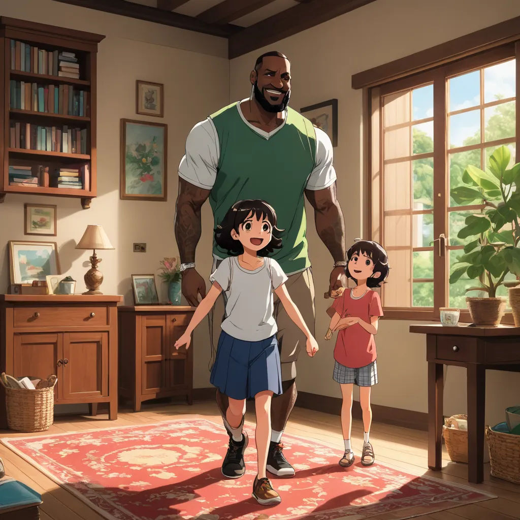 a man and two children in a living room with a rug and a rug on the floor and a rug on the floor, american scene painting, a storybook illustration, Chris LaBrooy, official art