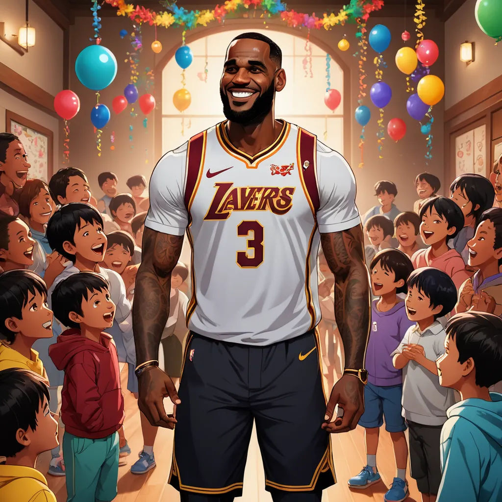 a cartoon of a man in a lakers jersey surrounded by children in a room with balloons and streamers, symbolism, a storybook illustration, Chris LaBrooy, official art