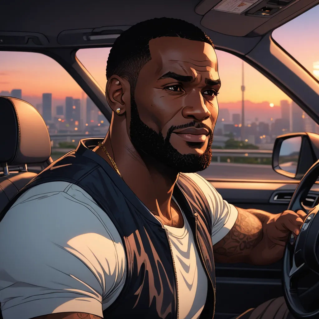 a man driving a car in the sunset with a city in the background and a sunset in the distance, harlem renaissance, a comic book panel, Cedric Seaut (Keos Masons), official art