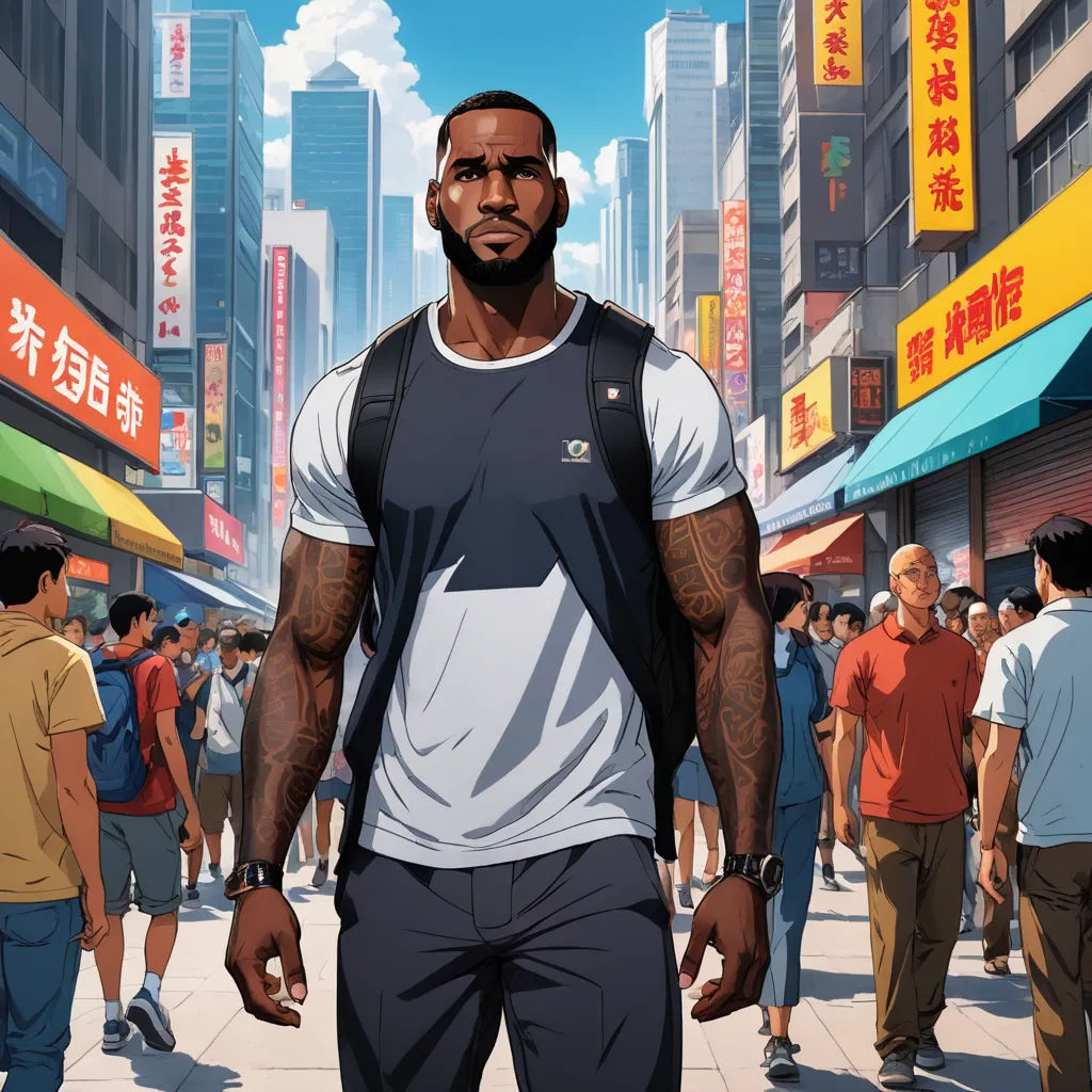 a man in a city with a lot of people walking around him and a lot of buildings in the background, hyperrealism, a manga drawing, Chris LaBrooy, official art