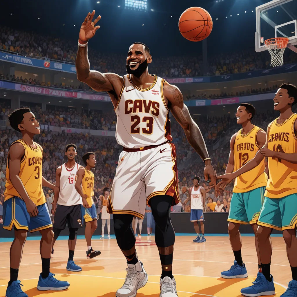 a man in a white jersey is playing basketball with other players in yellow and blue uniforms and a basketball hoop, realism, a hyperrealistic painting, Chris LaBrooy, 2 d game art