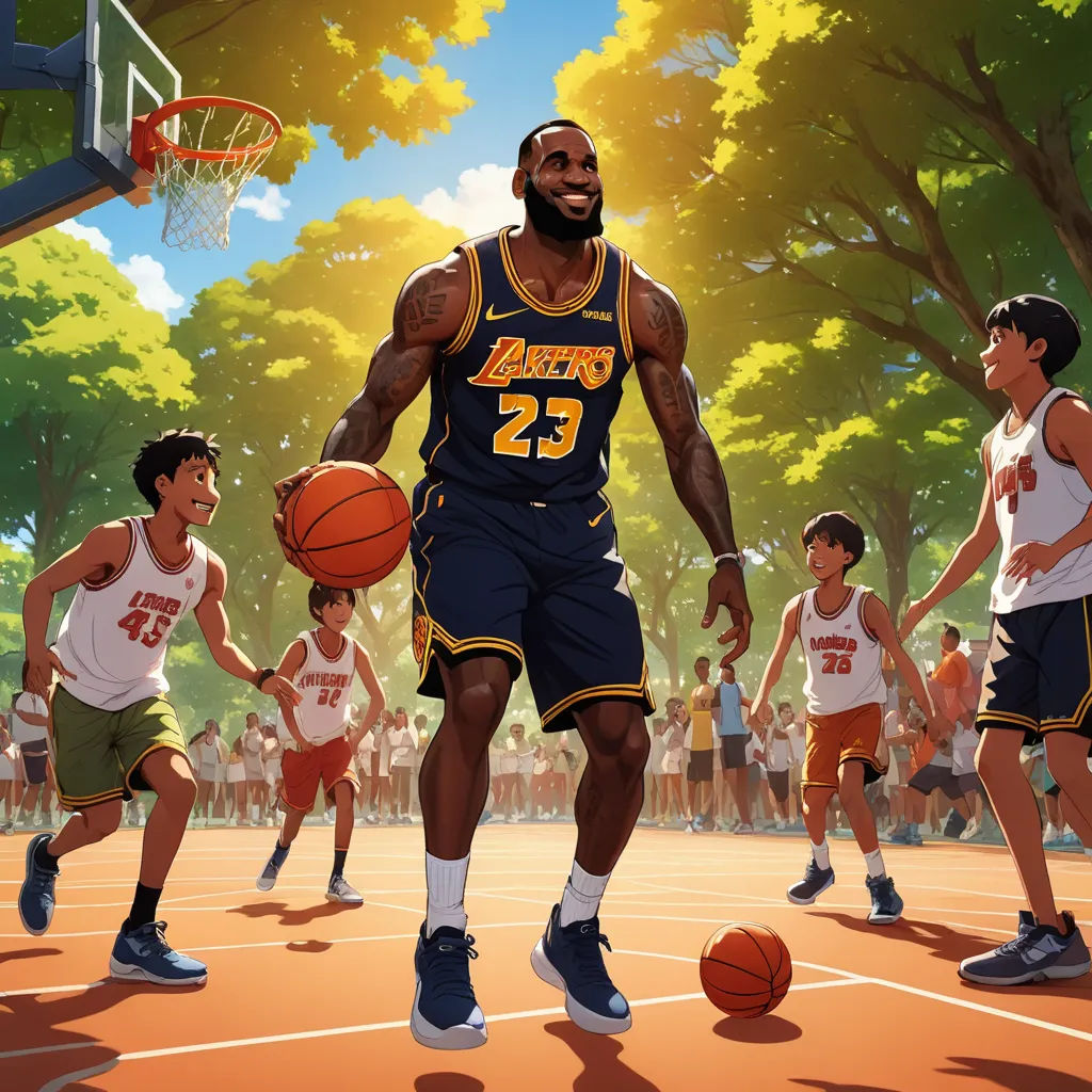 a man in a basketball uniform is playing basketball with other men in the background and trees in the background, american scene painting, a storybook illustration, Chris LaBrooy, official art