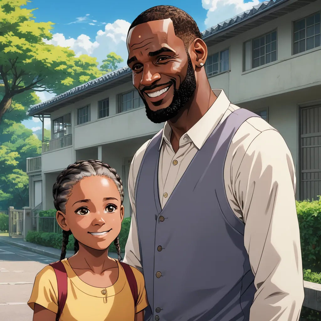 a man and a little girl standing in front of a building with a tree in the background and a building with a sky background, rayonism, concept art, Adam Manyoki, official art