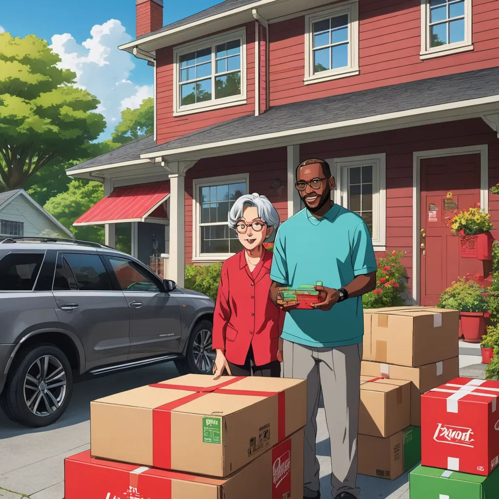 a man and woman standing in front of a house with boxes on the driveway and a car parked in front of them, american scene painting, a stock photo, Chris LaBrooy, official art