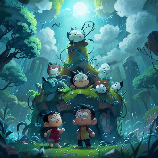 a cartoon scene with a group of people standing in front of a tree house with many animals on it