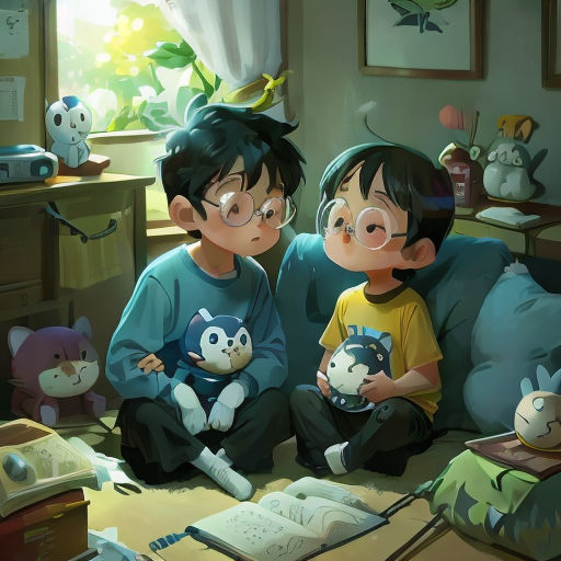 two children sitting on a couch with stuffed animals in front of them and a book on the floor in front of them