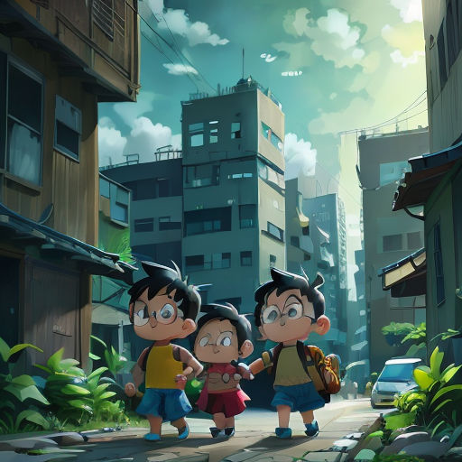 three children walking down a street in a cartoon style with buildings in the background and a sky with clouds