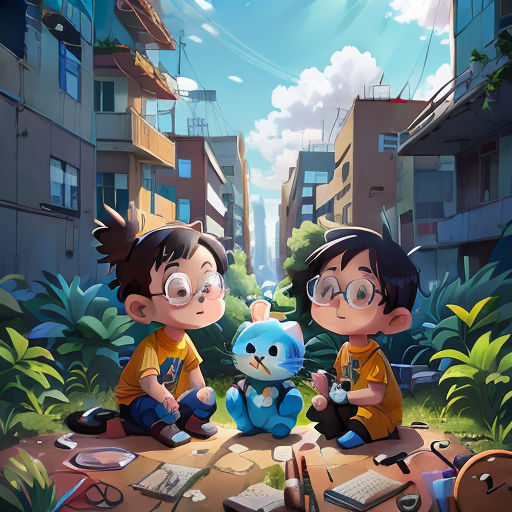 two children sitting on a table with a stuffed animal in front of them and a cityscape in the background