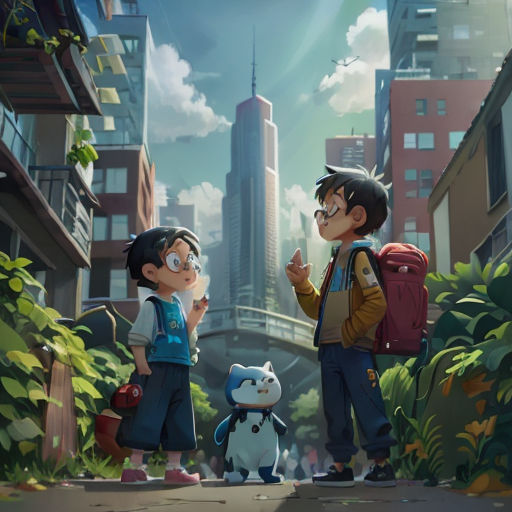 two children standing in the middle of a city with a cat and dog on the sidewalk, and a man holding a backpack