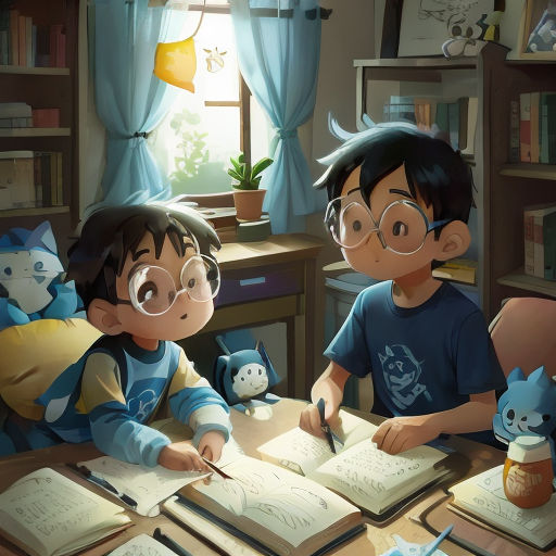 two children sitting at a table with books and a pen and paper in front of them, with a window in the background
