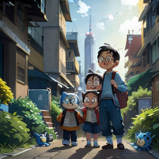 a group of people standing on a street next to a building and a cat on the ground in front of them