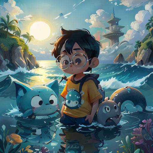 a boy with glasses standing in the water with a cat and a fish in his hand and a lighthouse in the background