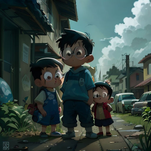 a group of children standing next to each other on a street corner with a sky background and clouds in the background