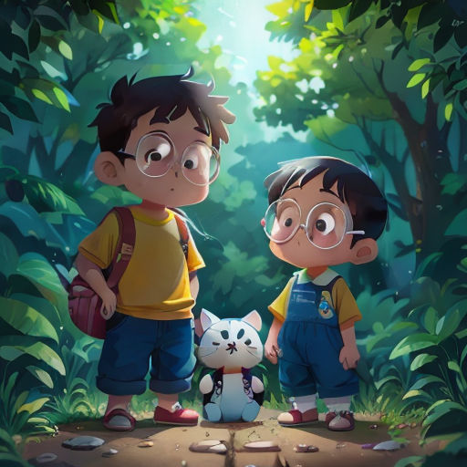two children standing in the woods with a cat and dog in front of them, looking at each other