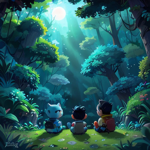 two children sitting on a hill in the forest looking at the sun through the trees and the forest floor