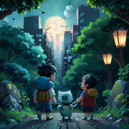two children are walking through a forest with a cat in front of them and a lantern in the background