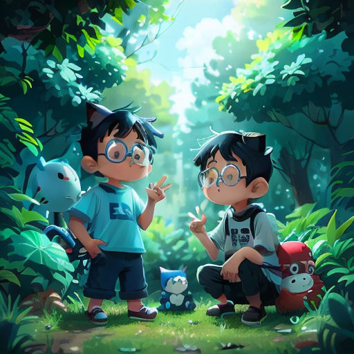 two children are sitting in the woods with their backpacks on and one is pointing at something in the distance