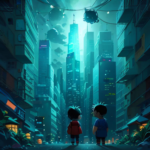two children standing in a city street at night with a helicopter flying overhead in the sky above them, and a futuristic cityscape