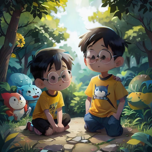 two children sitting on a path in the woods with stuffed animals behind them, looking at each other, with a bright light coming through the trees