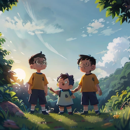 three children standing in the grass with their hands around each other, with the sun shining through the clouds
