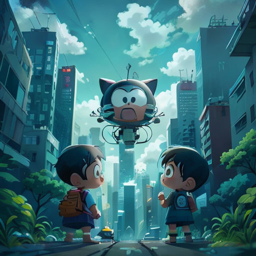 two children stand in front of a city with a cat on top of a building in the background, and a bird flying overhead