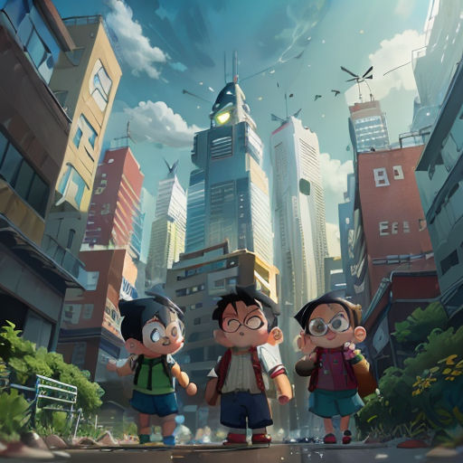 three children standing in front of a cityscape with a clock tower in the background and a bird flying overhead