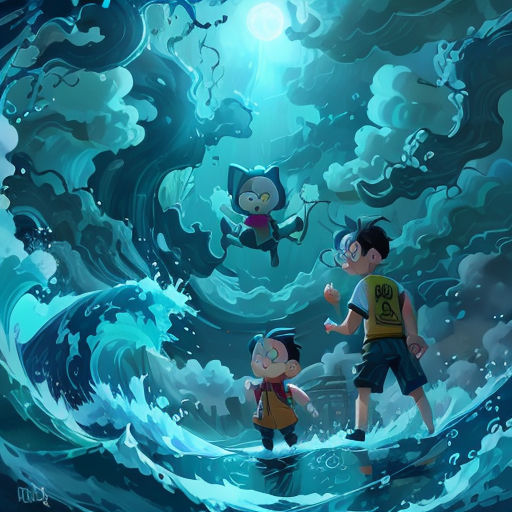a group of people standing on top of a wave in the ocean with a sky background and a person in the middle of the wave