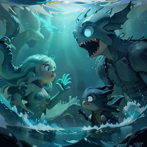 a couple of monsters in the water with a fish in their mouth and a fish in their mouth,