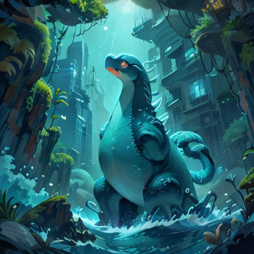 a godzilla in a city with a light shining on it's face and a city in the background