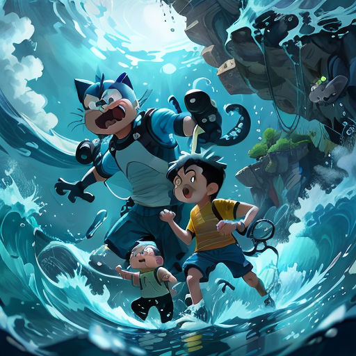 a cartoon of a group of people in the ocean with a cat on top of them and a man on the bottom of the picture