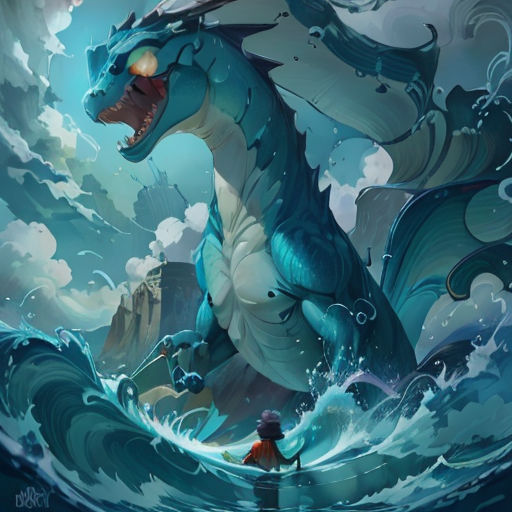 a dragon is standing in the water with a person standing on it's back legs and a large body of water behind it
