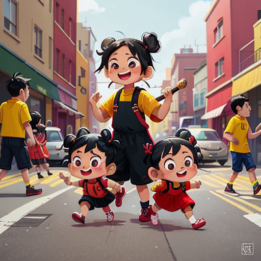 a group of children in a cartoon style with a woman holding a baseball bat and two children in a red dress