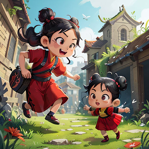 a cartoon of two girls in a village with a dog and a cat on the ground, and a woman in a red dress