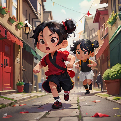 a cartoon of two children running down a street with a woman in the background and a man in the foreground