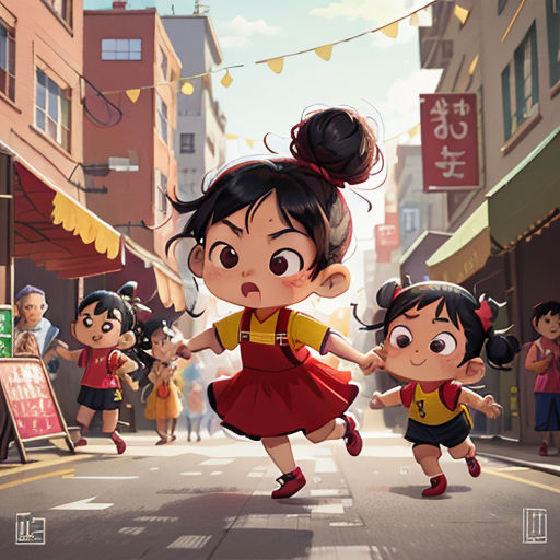 a cartoon girl and a girl are dancing in the street with other children in the background and a sign that says,