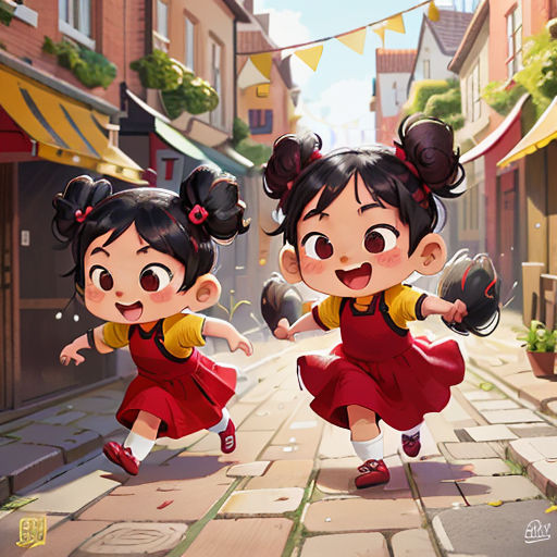 two cartoon girls in red dresses are dancing on a street with buildings in the background and a bunting banner