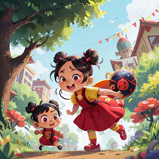 a cartoon of a girl and two children playing in a park with a lady bug on her shoulder and a lady bug on her shoulder