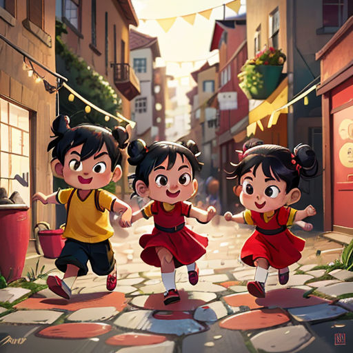 three children are playing in the street with a basket of food in front of them and a bunting banner above them